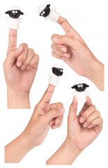Collection of Hand wearing animal finger puppets isolated on a white background.
