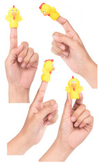 Collection of Hand wearing animal finger puppets isolated on a white background.