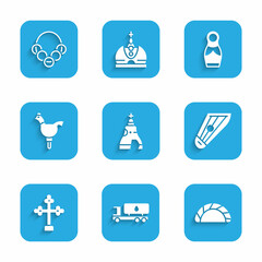 Fototapeta premium Set The Tsar bell, Tanker truck, Dumpling, Kankles, Christian cross, Cockerel lollipop, Russian doll matryoshka and bagels icon. Vector