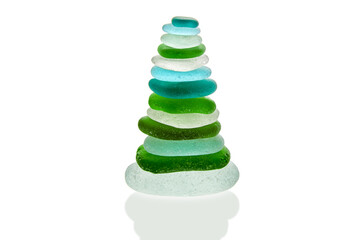 Pyramid made of cut green and blue sea glass