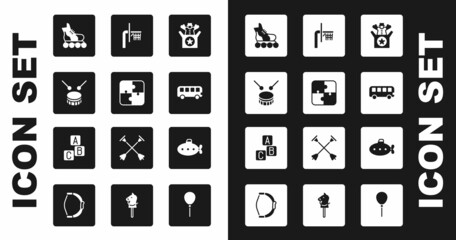 Set Jack in the box toy, Puzzle pieces, Drum with drum sticks, Roller skate, Bus, Basketball backboard, Submarine and ABC blocks icon. Vector
