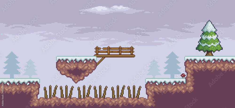 Poster pixel art game scene in snow with floating platform, bridge, pine trees, clouds and 8bit background