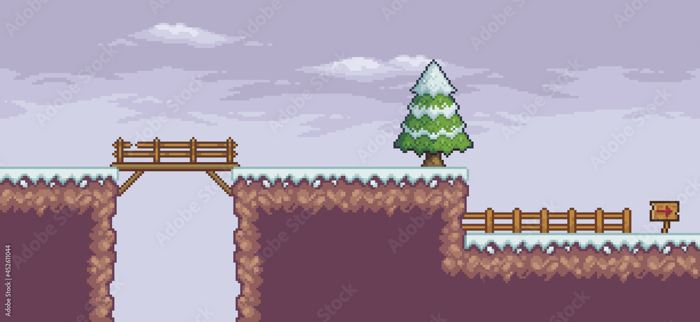 Aufkleber pixel art game scene in snow with pine trees, bridge, fence, clouds and 8bit background