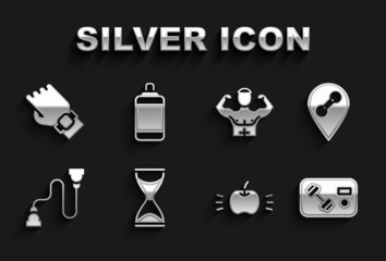 Set Old hourglass, Location gym, Fitness club, card, Apple, Chest expander, Bodybuilder muscle, Smart watch hand and Punching bag icon. Vector