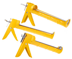 Set Tool of Silicone glue gun isolated on white background.
