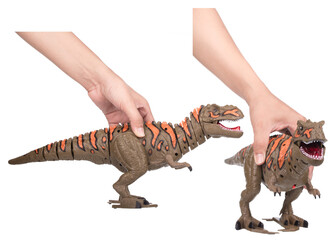 Set of hana with Plastic dinosaur toy isolated on white background