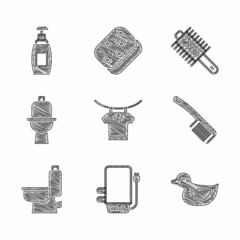 Set Drying clothes, Electric boiler, Rubber duck, Hairbrush, Toilet bowl, and Bottle of liquid soap icon. Vector