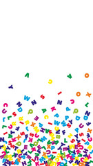Falling letters of English language. Colorful flying words of Latin alphabet. Foreign languages study concept. Fabulous back to school banner on white background.