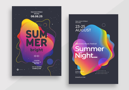 Summer Night Poster Layout with Colorful Fluid Shapes