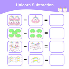 Fototapeta na wymiar Unicorn Subtraction Math Game for Preschool. Counting Game Worksheet for Children. Educational printable math worksheet. Additional math games for kids. Vector illustration. 