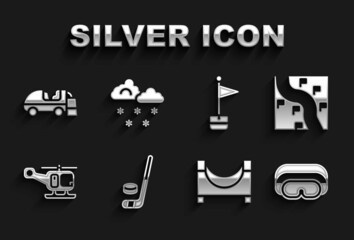Set Ice hockey stick and puck, Route location, Ski goggles, Skate park, Rescue helicopter, Location marker, resurfacer and Cloud with snow icon. Vector