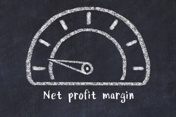 Chalk sketch of speedometer with low value and iscription Net profit margin. Concept of low KPI - obrazy, fototapety, plakaty