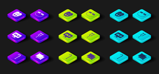 Set Walking stick cane, Pillow, Nursing home, Crutch or crutches, Eyeglasses and Slippers icon. Vector