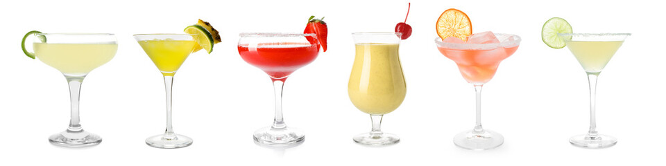 Set of different daiquiri cocktails on white background