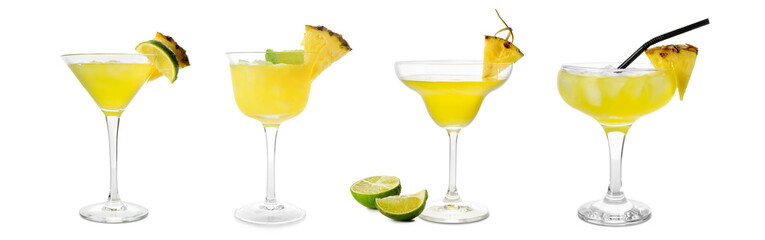 Set of pineapple daiquiri cocktails on white background