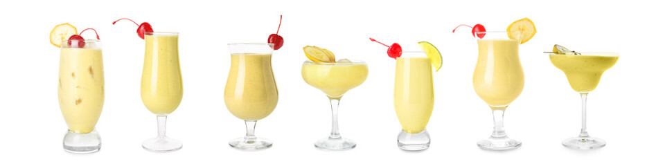 Set of tasty banana daiquiri cocktails on white background