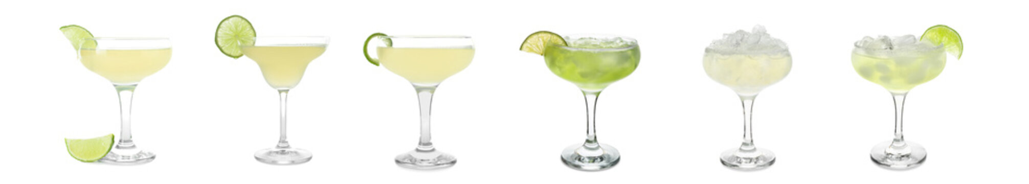Set of tasty daiquiri cocktails on white background