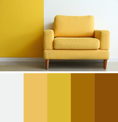 Comfortable armchair near yellow and white wall. Different color patterns