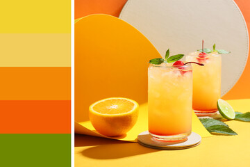 Glasses of tasty summer cocktail on table. Different color patterns
