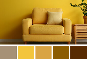 Cozy armchair near yellow wall. Different color patterns