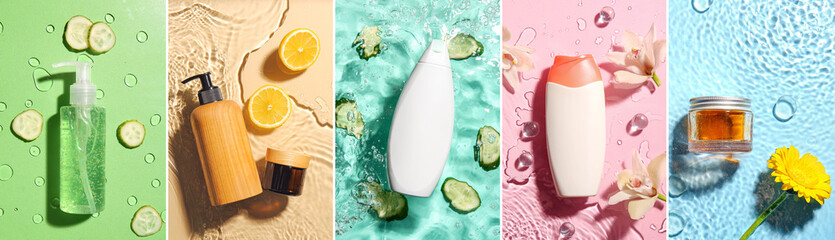 Set of natural cosmetics in water on color background © Pixel-Shot