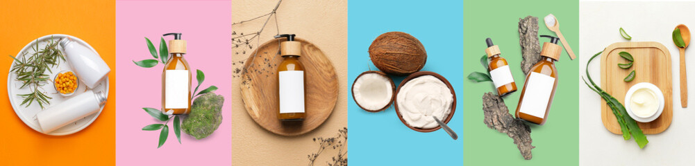 Set of natural cosmetics on color background