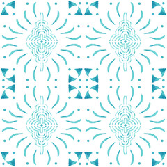 Azulejo watercolor seamless pattern. Traditional Portuguese ceramic tiles. Hand drawn abstract background. Watercolor artwork for textile, wallpaper, print, swimwear design. Blue azulejo pattern.