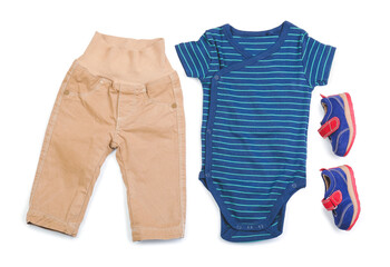 Stylish baby clothes on white background