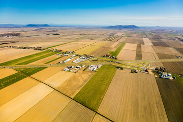 Scenic landscape with aerial view of agricultural fields in springtime, Quebec, Canada