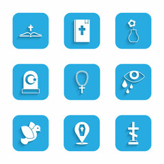 Set Christian cross on chain, Coffin with, Grave, Tear cry eye, Dove, Muslim cemetery, Flower vase and Holy bible book icon. Vector