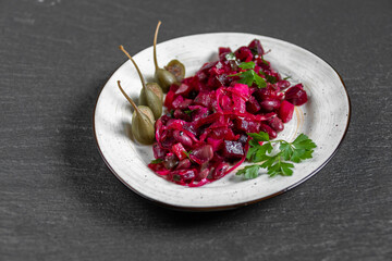 Traditional Russian salad vinaigrette. Beetroot salad.