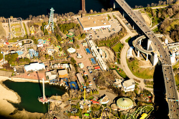 Fototapeta premium Aerial view of St. Lawrence River, La Ronde amusement park (six flags) and Jacques-Cartier bridge, Montreal, Canada.