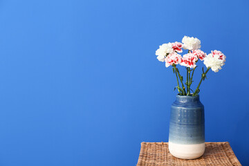 Vase with beautiful carnation flowers on basket near color wall