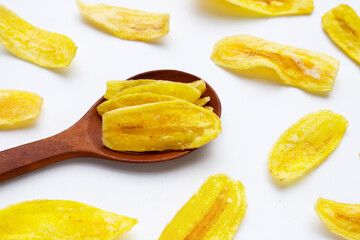 Banana slice chips on white background
