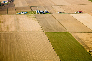 Scenic landscape with aerial view of agricultural fields in springtime, Quebec, Canada