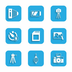 Set SD card, Dust blower, Photo camera with flash, retouching, Tripod, Camera timer, and icon. Vector