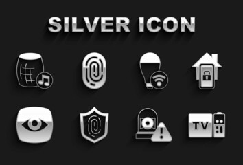 Set Fingerprint, Mobile with smart home, Multimedia and TV box receiver, Ringing alarm bell, Security camera, Smart light bulb, Voice assistant and icon. Vector