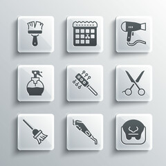 Set Electrical hair clipper, Mustache and beard, Scissors hairdresser, Hairbrush, Mop, Hairdresser pistol spray bottle, Shaving and dryer icon. Vector