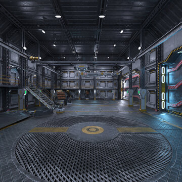 3D-illustration of a load room in a science fiction starship