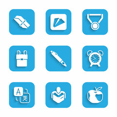 Set Marker pen, Man reading book, Apple, Alarm clock, Translator, School backpack, Medal and Eraser rubber icon. Vector