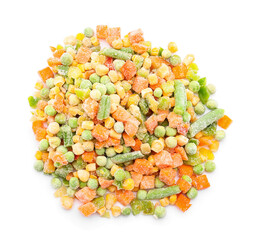 Heap of different frozen vegetables on white background