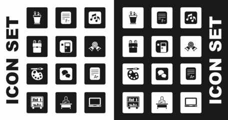 Set Music note, tone, School classroom, backpack, Pencil case stationery, Medal, Exam paper with incorrect answers, sheet A plus grade and Paint brush palette icon. Vector