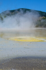 Geothermal Landscape with hot boiling mud and sulphur springs due to volcanic activity in Wai-O-Tapu, Thermal Wonderland New Zealand