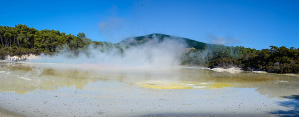 Geothermal Landscape with hot boiling mud and sulphur springs due to volcanic activity in Wai-O-Tapu, Thermal Wonderland New Zealand