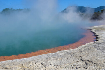 Geothermal Landscape with hot boiling mud and sulphur springs due to volcanic activity in Wai-O-Tapu, Thermal Wonderland New Zealand