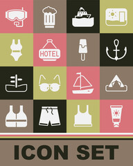 Naklejka premium Set Sunscreen cream in tube, Tourist tent, Anchor, Cruise ship, Signboard with text Hotel, Swimsuit, Diving mask and Ice icon. Vector