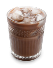 Glass of tasty chocolate milk on white background