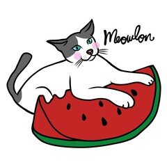 Cat and watermelon cartoon vector illustration