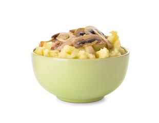 Bowl with tasty mashed potatoes and mushrooms on white background