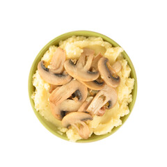 Bowl with tasty mashed potatoes and mushrooms on white background